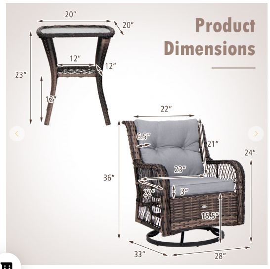 3 Pieces Outdoor Swivel Rocker Set with Small Side Table (1 Box, Unassembled)