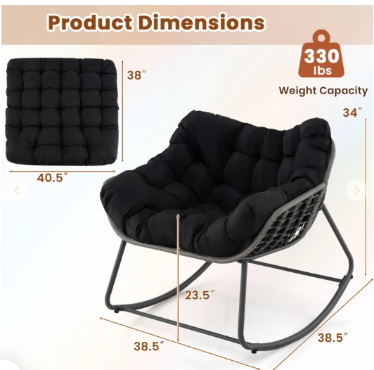 Outdoor Rocking Chair Oversized Patio PE Wicker Egg Chair with Cushion - Black