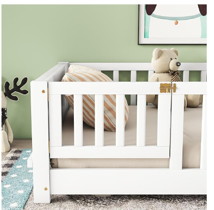 Full Size Floor Bed for Kids with Safety Guardrails, Solid Wood with Removable Door-White. ( 1 Box)