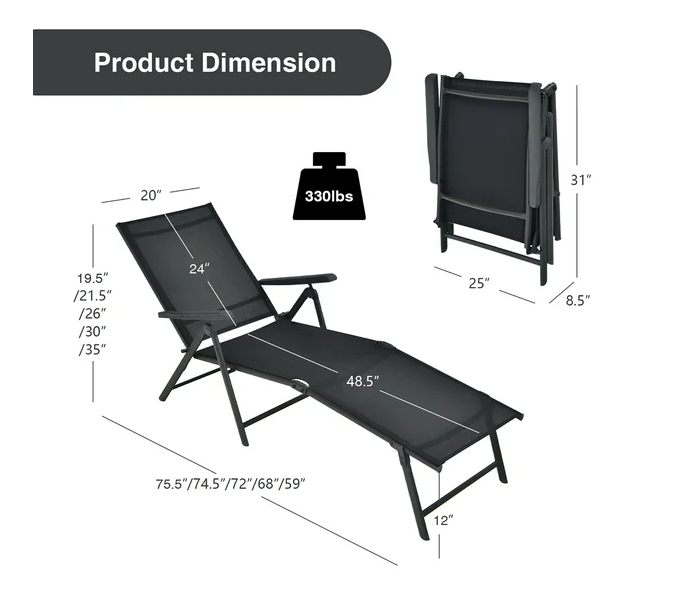 Patio Folding Chaise Lounge Chair Outdoor Portable Reclining Lounger Beach Black