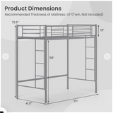 Twin Loft Bed Frame with 2 Ladders Full-length Guardrail - Silver (1 Box, Unassembled)