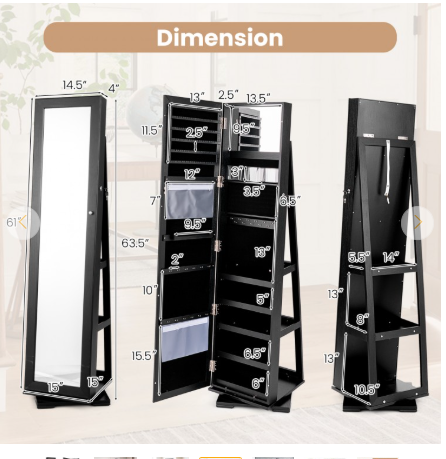 Special - 360° Rotatable 2-in-1 Lockable Jewelry Cabinet with Full-Length Mirror (Assembled)