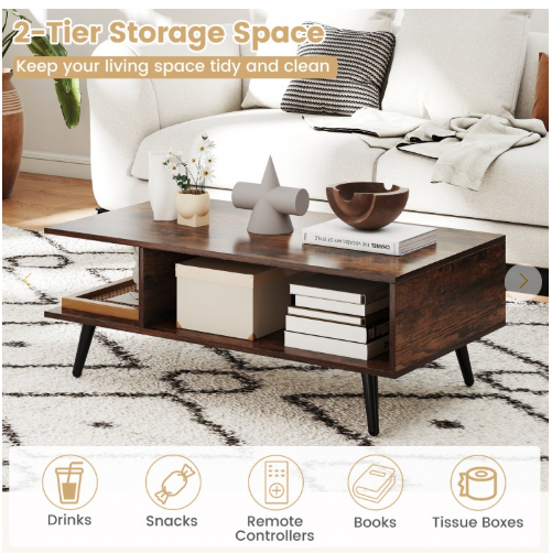Mid Century Modern Rectangle Coffee Table 2-Tier -Rustic Brown (Assembled)
