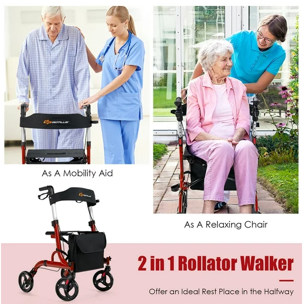 Folding Aluminum Rollator Walker with 8-inch Wheels and Seat - Red