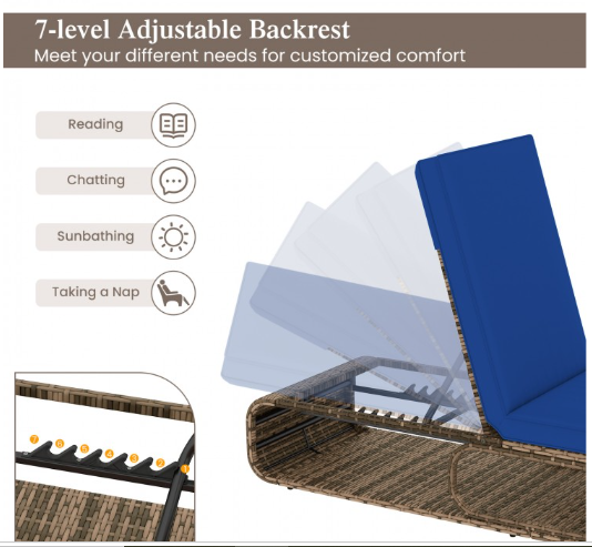 7-Position Adjustable PE Rattan Outdoor Chaise Lounge Chair-Navy (Assembled)
