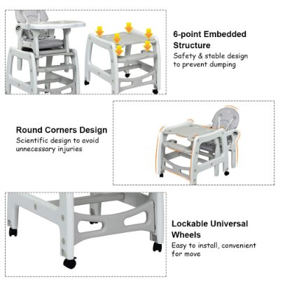 3 in 1 Baby High Chair w/ Adjustable Seat Back and Removable Trays - Grey (Assembled)