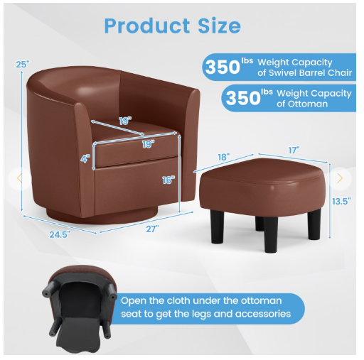 Modern Club Swivel Accent Chair with Ottoman Footrest Curved Backrest (Assembled)