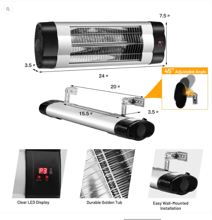 1500W Adjustable Infrared Wall-Mounted Patio Heater with Remote Control