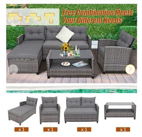 4 Pieces Patio Rattan Furniture Set with Cushion and Table Shelf-Gray (Assembled)