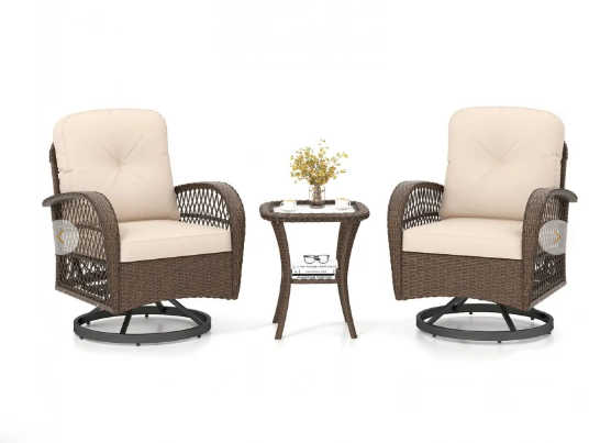 3 Pieces Outdoor Swivel Rocker Set with Small Side Table (Fully Assembled)