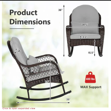 Patio Rattan Rocking Chair with Seat Back Cushions and Waist Pillow-Grey