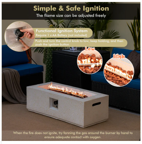 42 Inch 50 000 BTU Rectangle Terrazzo Fire Pit Table with PVC Cover-White