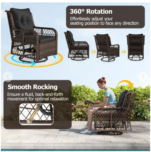 3 Pieces Patio Furniture Set PE Wicker Swivel Glider Chairs with 2-Tier Side Table and Cushions-Black (Assembled)