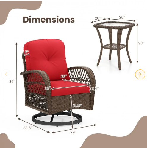 3 Pieces Outdoor Swivel Rocker Set with Small Side Table (Fully Assembled)