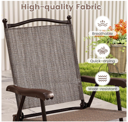 Set of 2 Patio Folding Sling Back Camping Deck Chairs-Brown