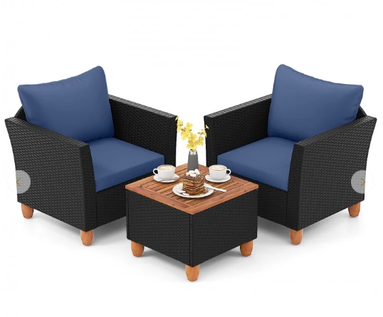 3PCS Patio Rattan Furniture Set Cushioned Conversation Set Coffee Table Navy (Fully Assembled)