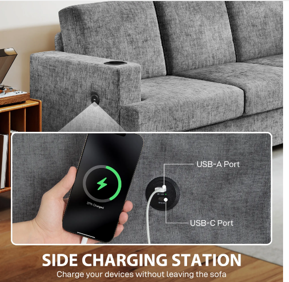 3 Seater Sofa with USB Ports & Cup Holders, Chenille-Feel Upholstered Couch for Living Room, Grey