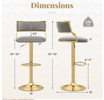 Swivel Bar Stool Set of 2 Dutch Velvet Height Adjustable Island Stools-Grey