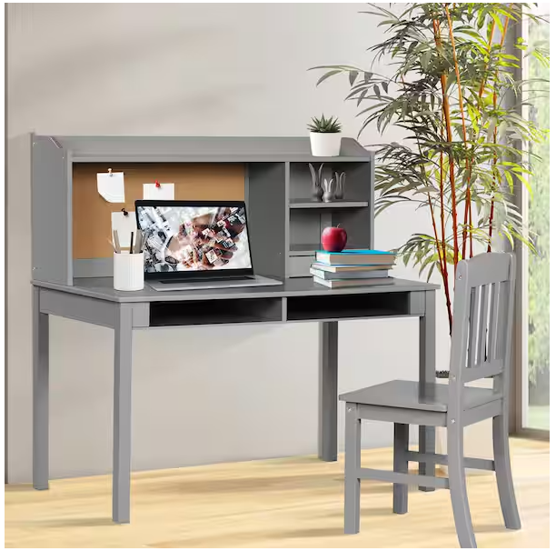 Kids Desk and Chair Set Study Desk with Bookshelves-Gray - Scratch and Dent