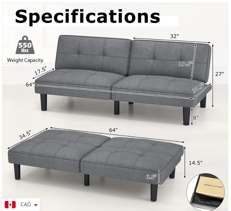 Convertible Futon Sofa Bed, Upholstered Folding Recliner