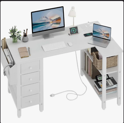 L-Shaped Computer Desk with Drawers & Storage Shelves - Scratch and Dent -(Fully Assembled)
