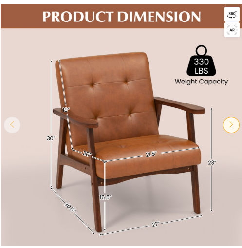 Mid Century Modern Accent Chair with Solid Rubber Wood Frame and Leather Cover-Brown (Assembled)
