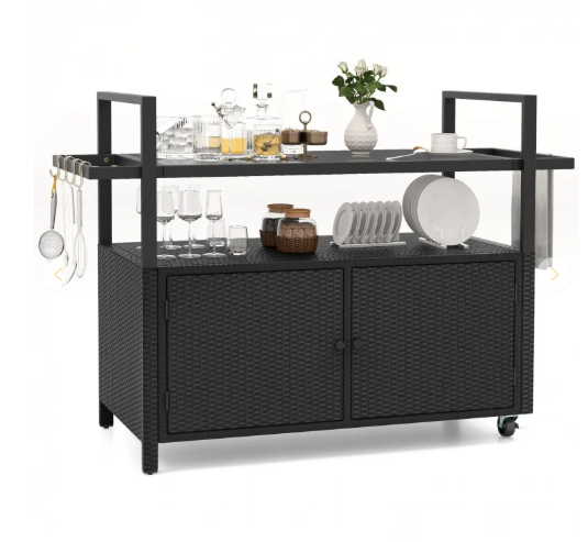 TAX FREE/SPECIAL - Bar Cart Wicker Buffet Serving Cart with Cabinet and 8 Hooks (See Decsription)