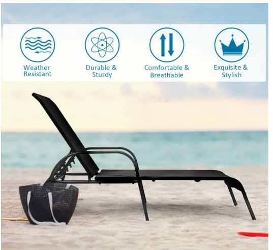 2 Pieces Outdoor Patio Lounge Chair Chaise Fabric with Adjustable Reclining Armrest-Black