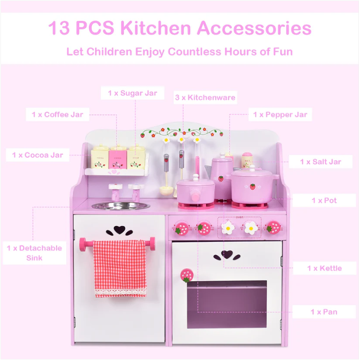 Kids Wooden Kitchen Toy Strawberry Pretend Cooking Playset - Scratch and Dent
