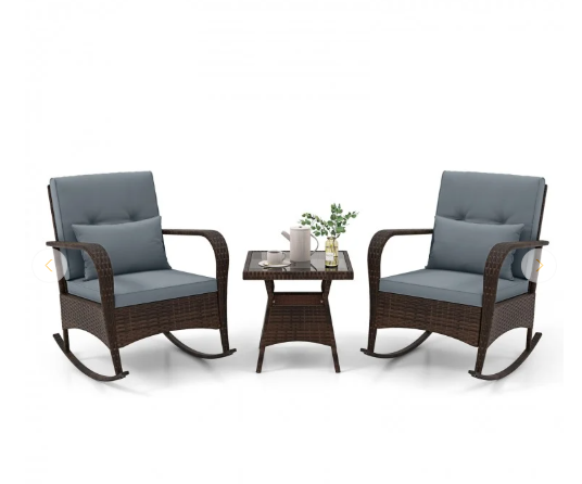 3 Pieces Outdoor Rocking Set with Tempered Glass Coffee Table for Backyard Poolside