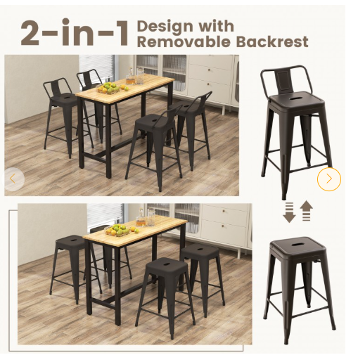 Set of 4,  24 Inch  Side Chairs with Rubber Feet and Removable Back, Gunmetal