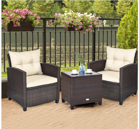 3 Pieces Patio Rattan Furniture Set with White Cushions, (1 Box, Unass ...