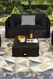 3 Pieces Patio Rattan Sectional Conversation Sofa Set with Coffee Table-Black
