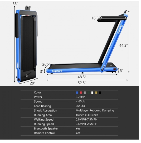 SPECIAL - 2.25HP 2 in 1 Folding Treadmill with APP Speaker Remote Control-Blue (Max265 lbs)
