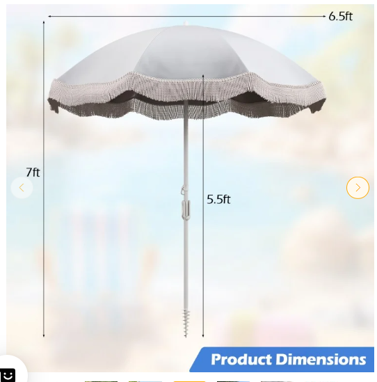 6.5 FT Beach Umbrella with Fringe Outdoor Tassel Umbrella with Push Button Tilt - Light Grey