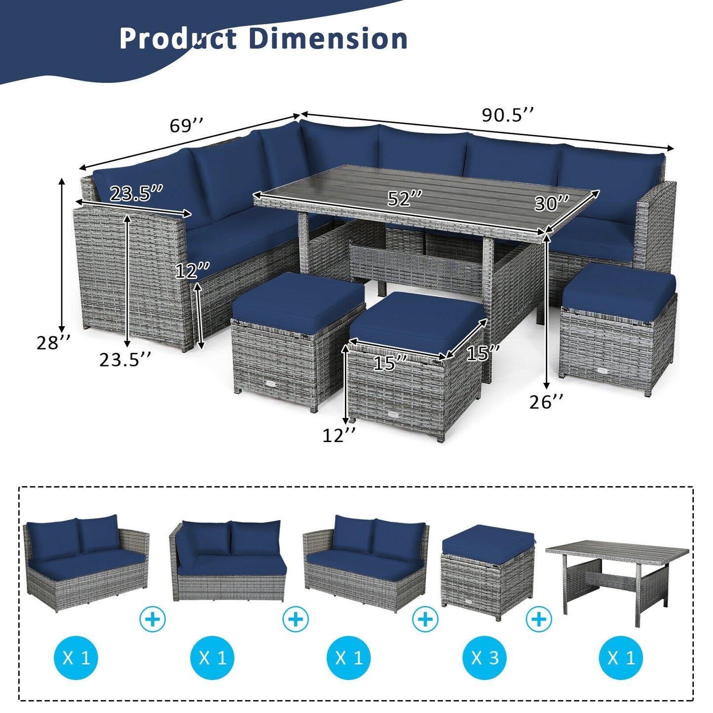 NO TAX SPECIAL, 7 Pieces Patio Rattan Dining Furniture Sectional Sofa Set with Wicker Ottoman-Navy (Copy)