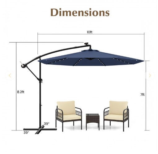 SPECIAL - 10 Feet Patio Offset Umbrella with sandbag plus 32 Solar-Powered LED Lights-Navy (see Description)