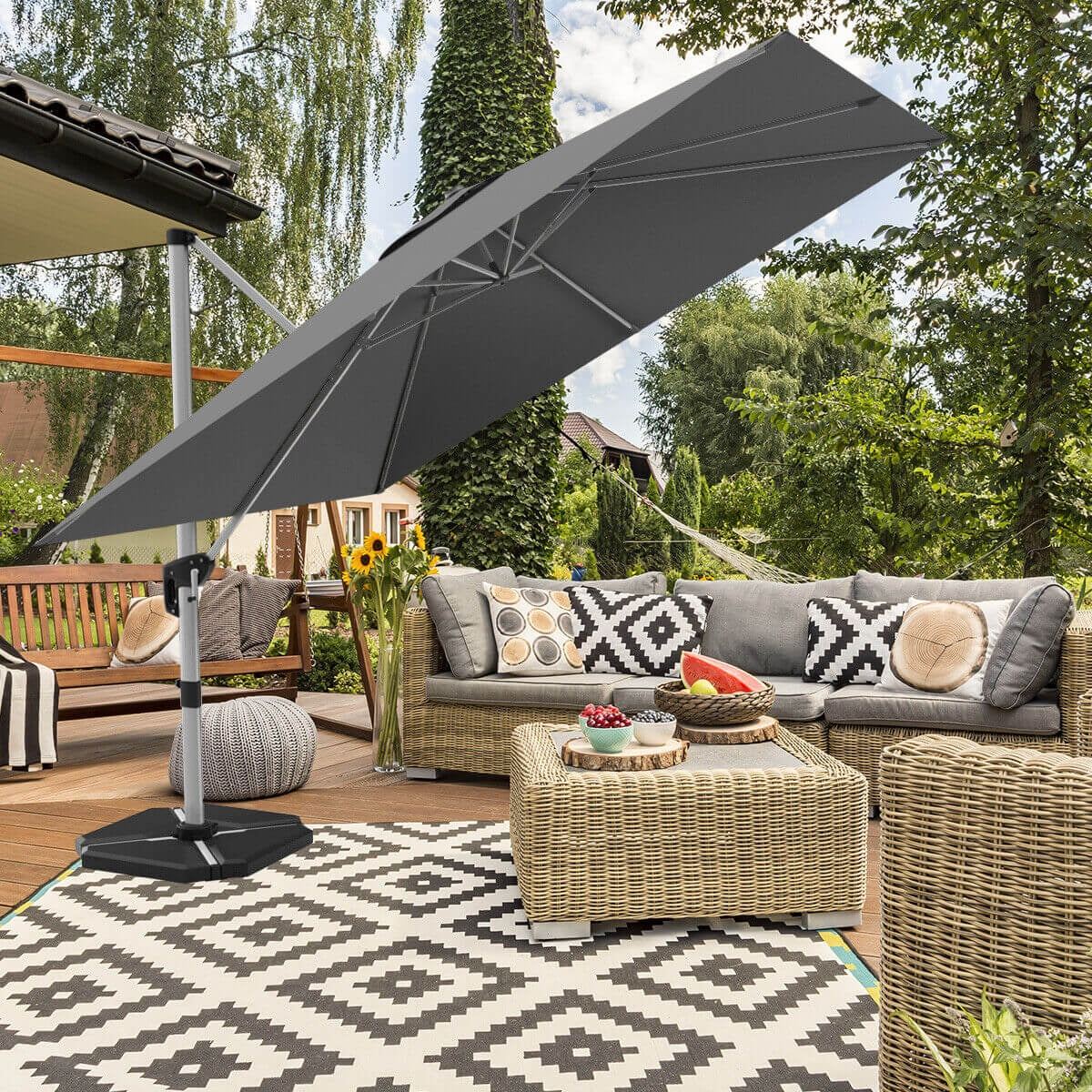 No Tax - 10 Feet 360° Tilt Aluminum Square Patio Umbrella without Weight Base-Gray, (Assembled)