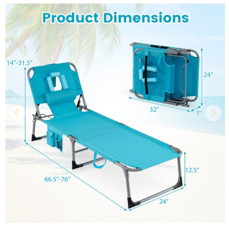 Portable Folding Chaise Lounge Chair with 4-Position Adjustable Backrest -Turquoise