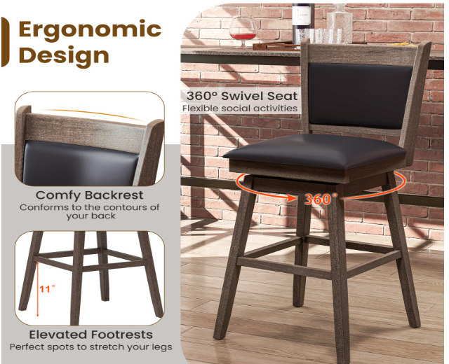 Set of 2 - 29 Inch Padded Bar Stools with Swivel Seat and Footrest - Fully Assembled