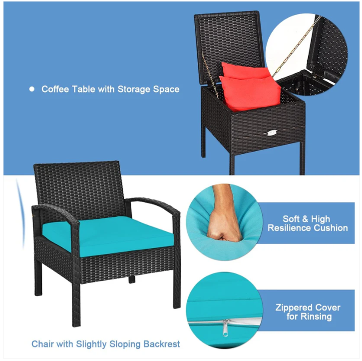 2 Piece Rattan Wicker chair and Coffee Table - Turquoise