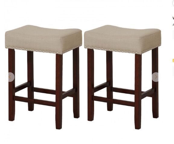 Set of 2 Tufted Saddle Bar Stools 24'' Height w/ Fabric Seat & Wood Legs, Beige