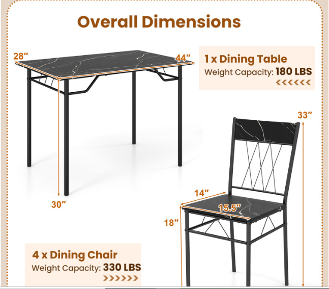 5-Piece Dining Table Set for 4 with Kitchen Table and 4 Dining Chair Set (Assembled)