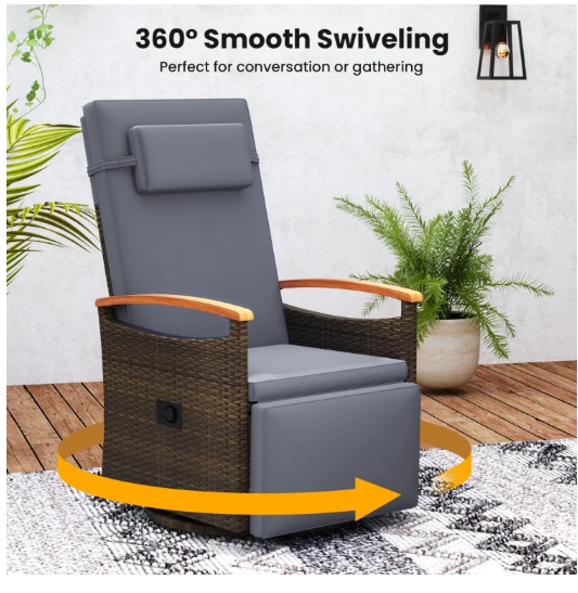 Patio Rattan 360° Swivel Recliner Chair with Adjustable Backrest and Footrest-Gray (Assembled)
