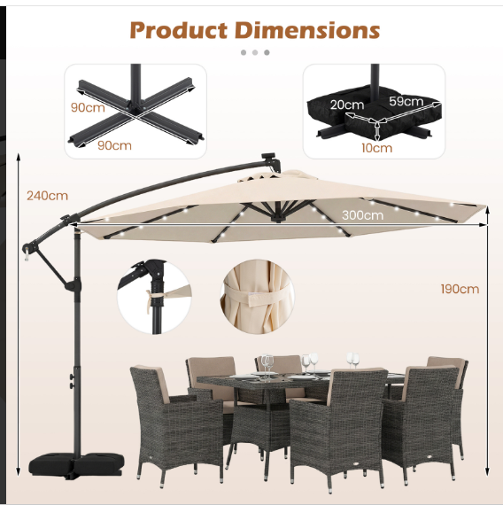 10 Feet Cantilever Umbrella with 32 LED Lights and Solar Panel -Beige (Customer Return)