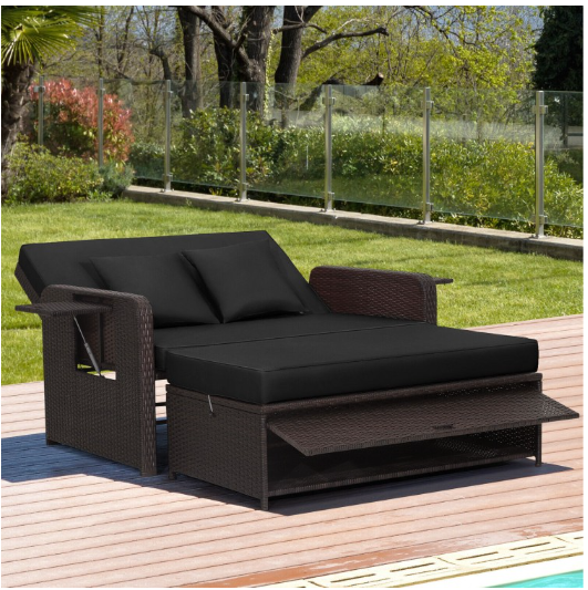 Patio Rattan Daybed with 4-Level Adjustable Backrest and Retractable Side Tray-Black (Assembled)