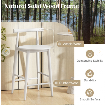 Set of 2 - Counter Height Bar Chair Set with Acacia Wood Frame -White (Shipping Damage)