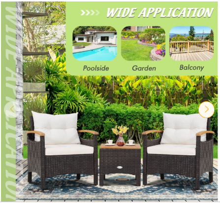 3 Pieces Patio Rattan Conversation Set with Removable Cushion - Assembled
