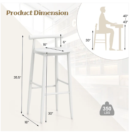 Wooden Bar Chair Set of 2 with Backrest and Footrest for Home Restaurant Cafe-White