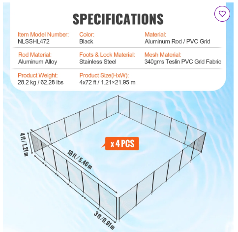 Set of 2 - 12'L x 4'H each, Pool Fence for Inground Pools (2 Boxes) - Customer Return